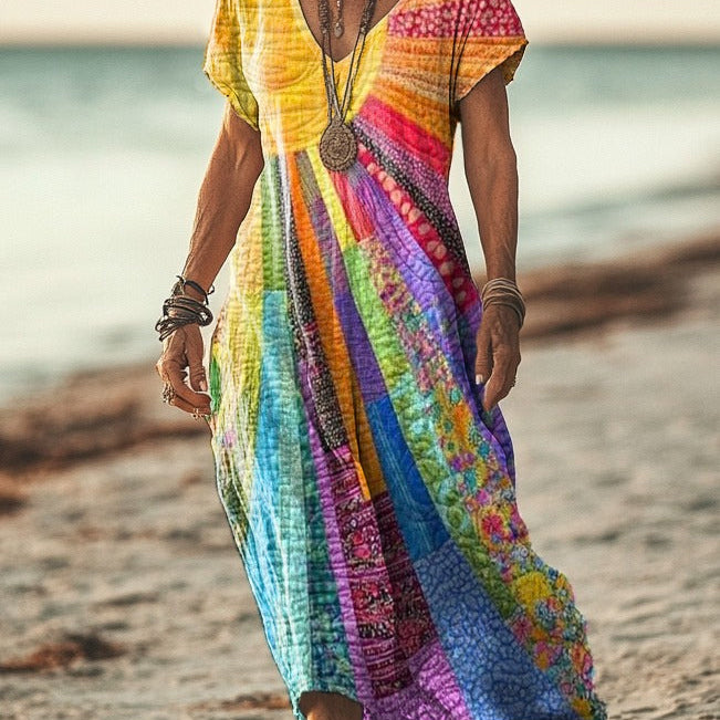 Długa Sukienka Maxi Boho z Kolorowym Wzorem Patchwork i Dekoltem V - Codzienna i Artystyczna na Wiosnę i Lato | Sylnia Butik