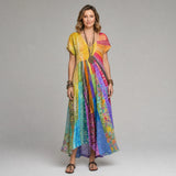 Długa Sukienka Maxi Boho z Kolorowym Wzorem Patchwork i Dekoltem V - Codzienna i Artystyczna na Wiosnę i Lato | Sylnia Butik