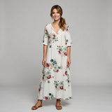 Luźna Letnia Sukienka Maxi z Ornamentowym Wzorem Boho i Krótkim Rękawem