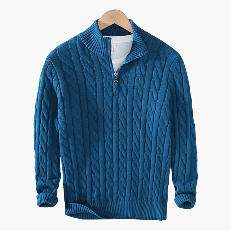 Stylowy sweter męski ze stójką i subtelnym zapięciem pod szyją