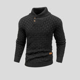 Wyrazisty sweter męski ze stójką i ozdobnym zapięciem na guziki