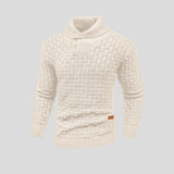 Wyrazisty sweter męski ze stójką i ozdobnym zapięciem na guziki