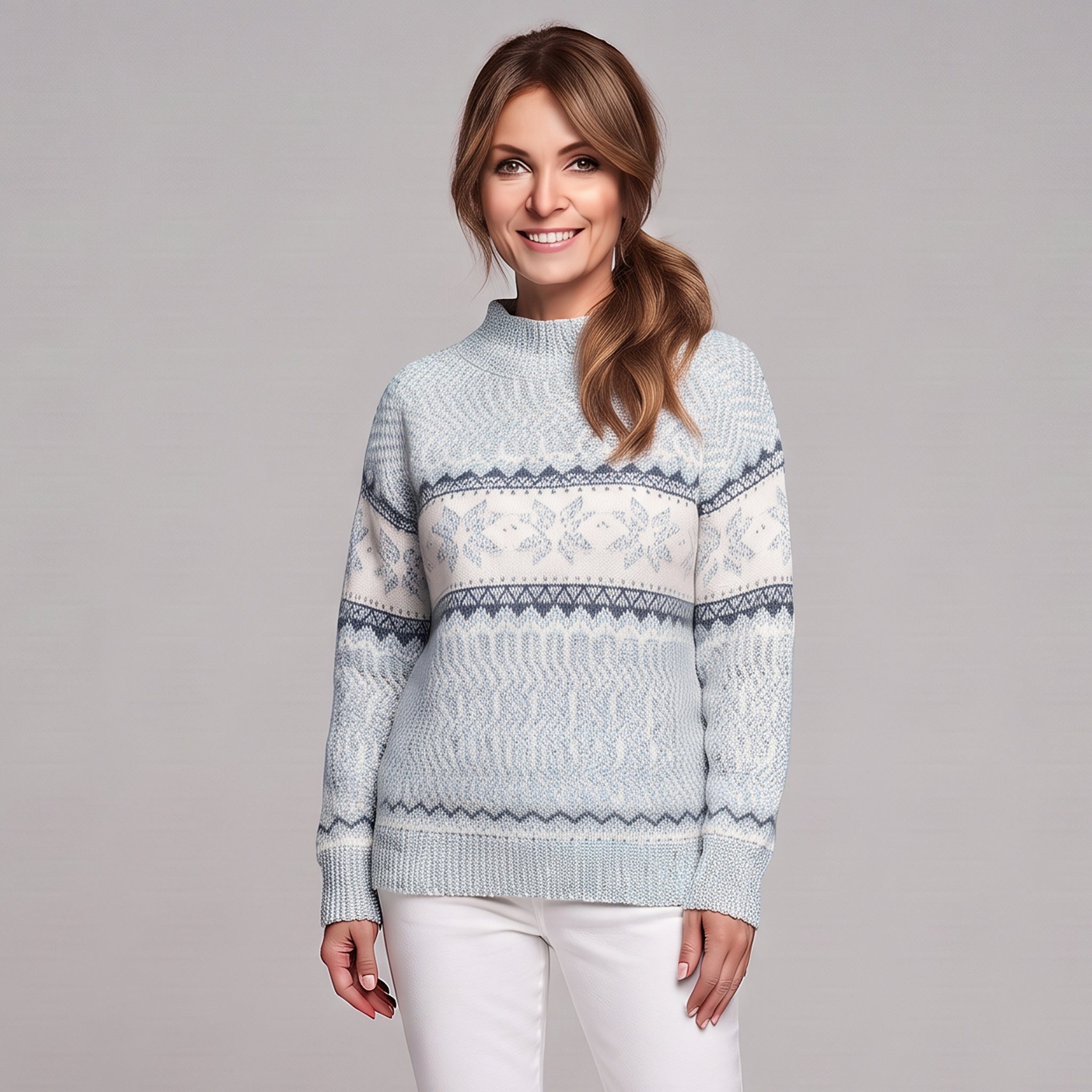 Stylowy sweter świąteczny damski z półgolfem i wzorem śnieżynek