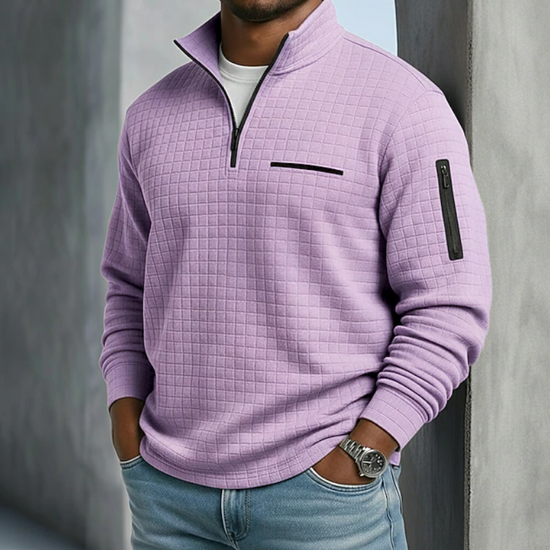 Stylowy sweter męski casual z zamkiem pod szyją i fakturą
