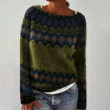 Niebanalny sweter damski we wzory geometryczne w stylu vintage