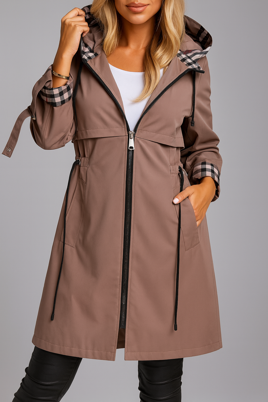 Brązowa parka damska ze sznurkiem w talii, Sylnia Butik