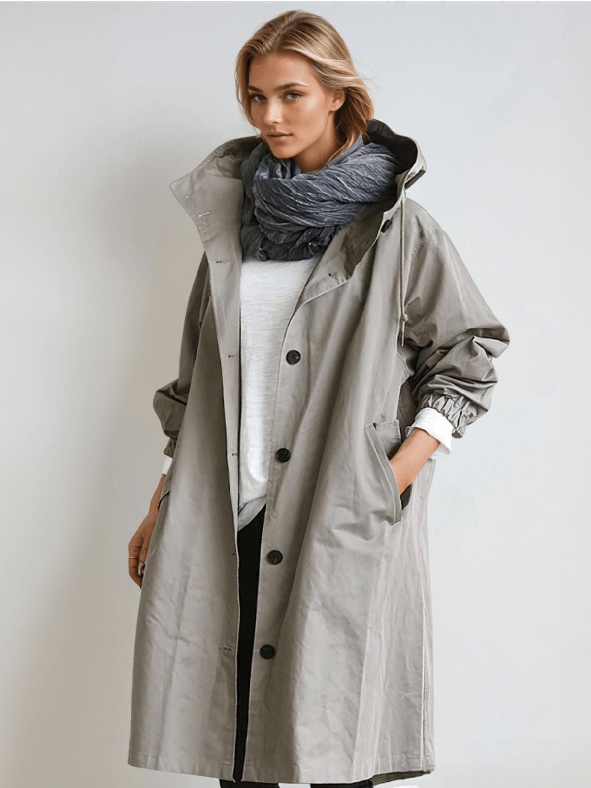 Szary płaszcz damski oversize z kapturem, Sylnia Butik