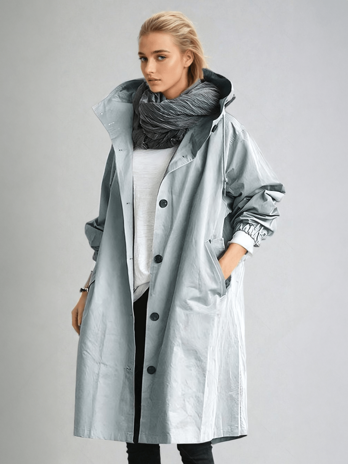Błękitny płaszcz damski z kapturem, Sylnia Butik