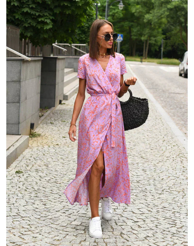 Jasnoróżowa sukienka kopertowa z wiązaniem, Sylnia Butik