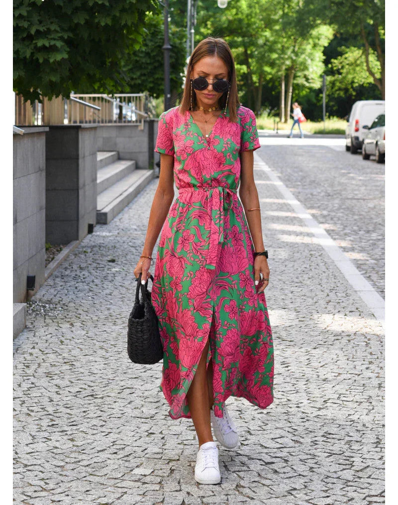 Sukienka kopertowa maxi w kolorze różowo-zielonym, Sylnia Butik